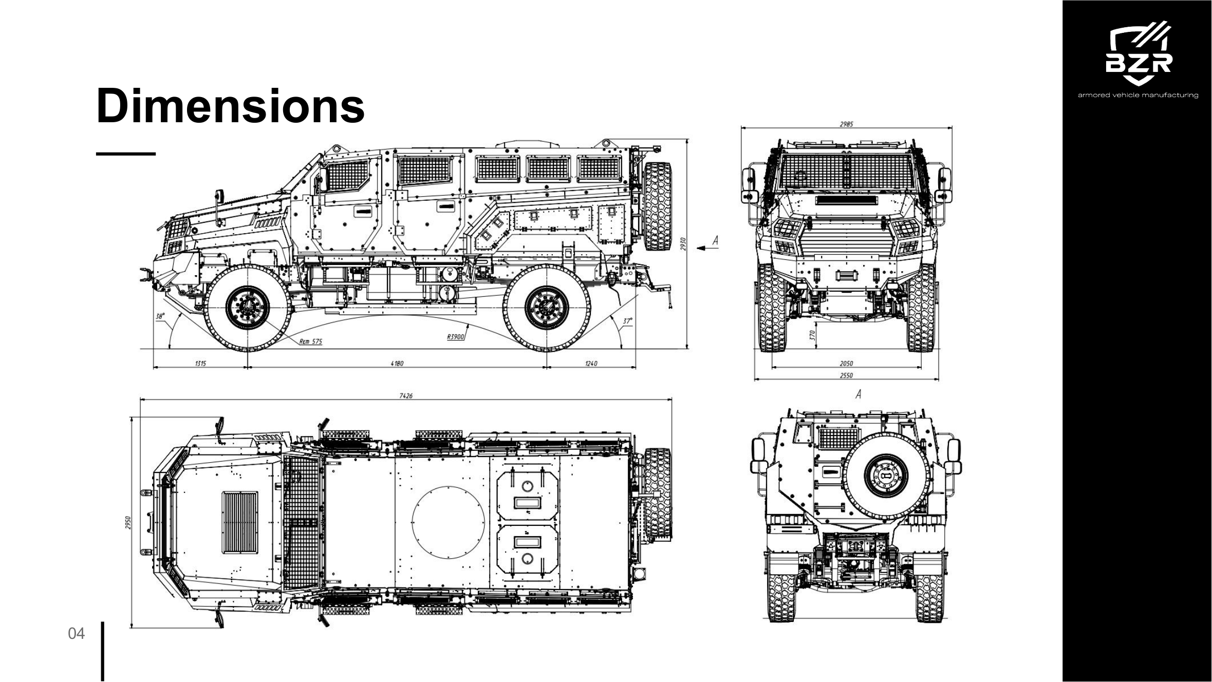 PREDATOR 4x4 MRAP technical dimensions blueprint — side,
              front, top and rear projections